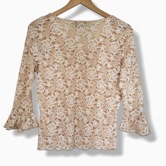 Y2K Whimsy Fairy Lace Top Bell Sleeve Sheer Floral Size S/M Sequin Sparkle Layer - Picture 3 of 12